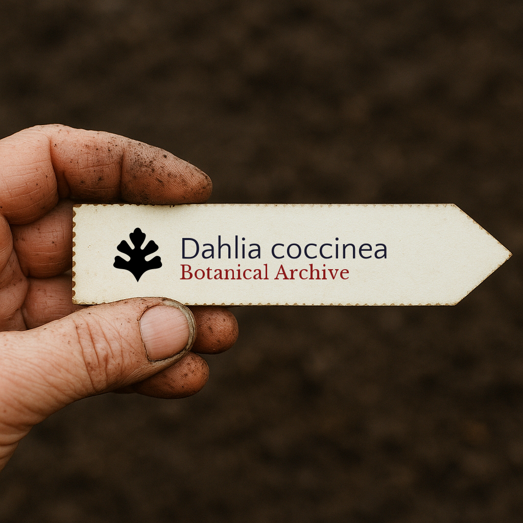 Printed plant label for Dahlia coccinea held by dirty hand over soil background