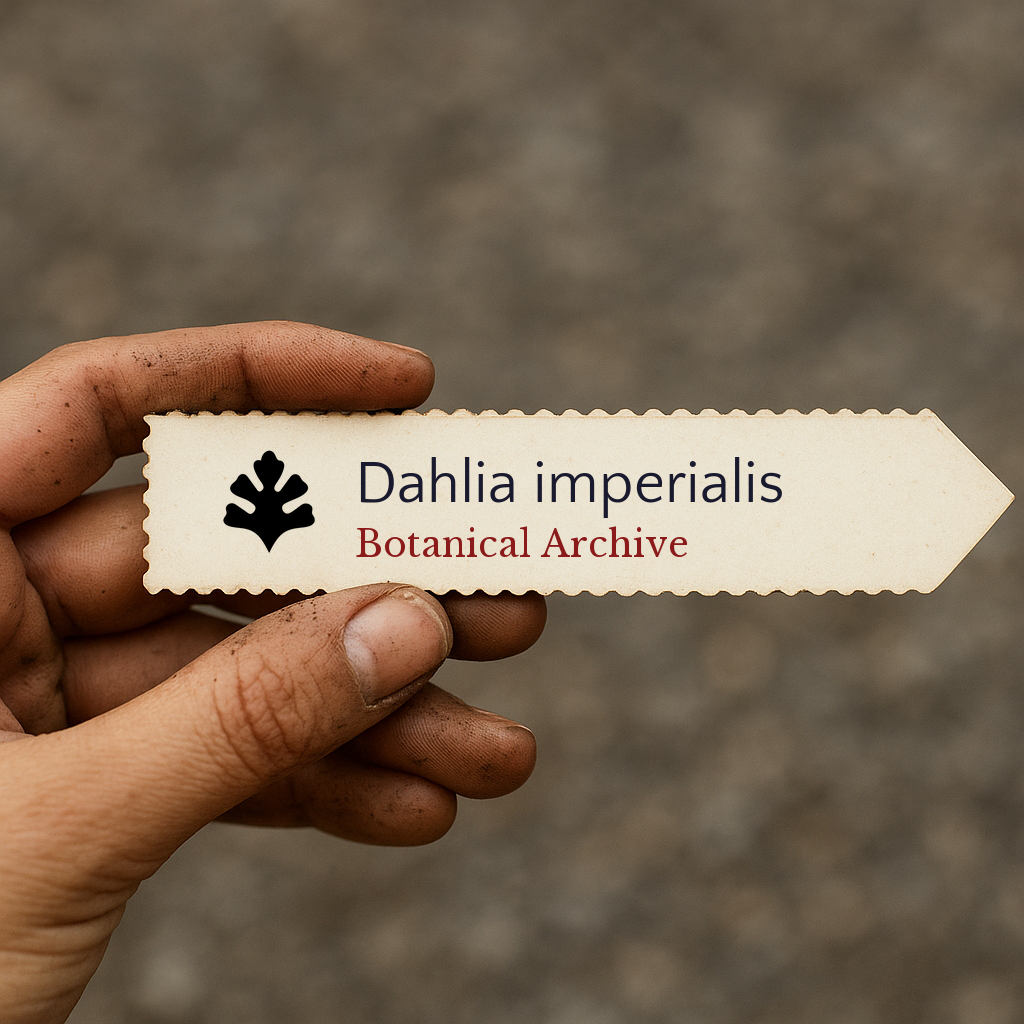 Printed plant label for Dahlia imperialis held by dirty hand outdoors