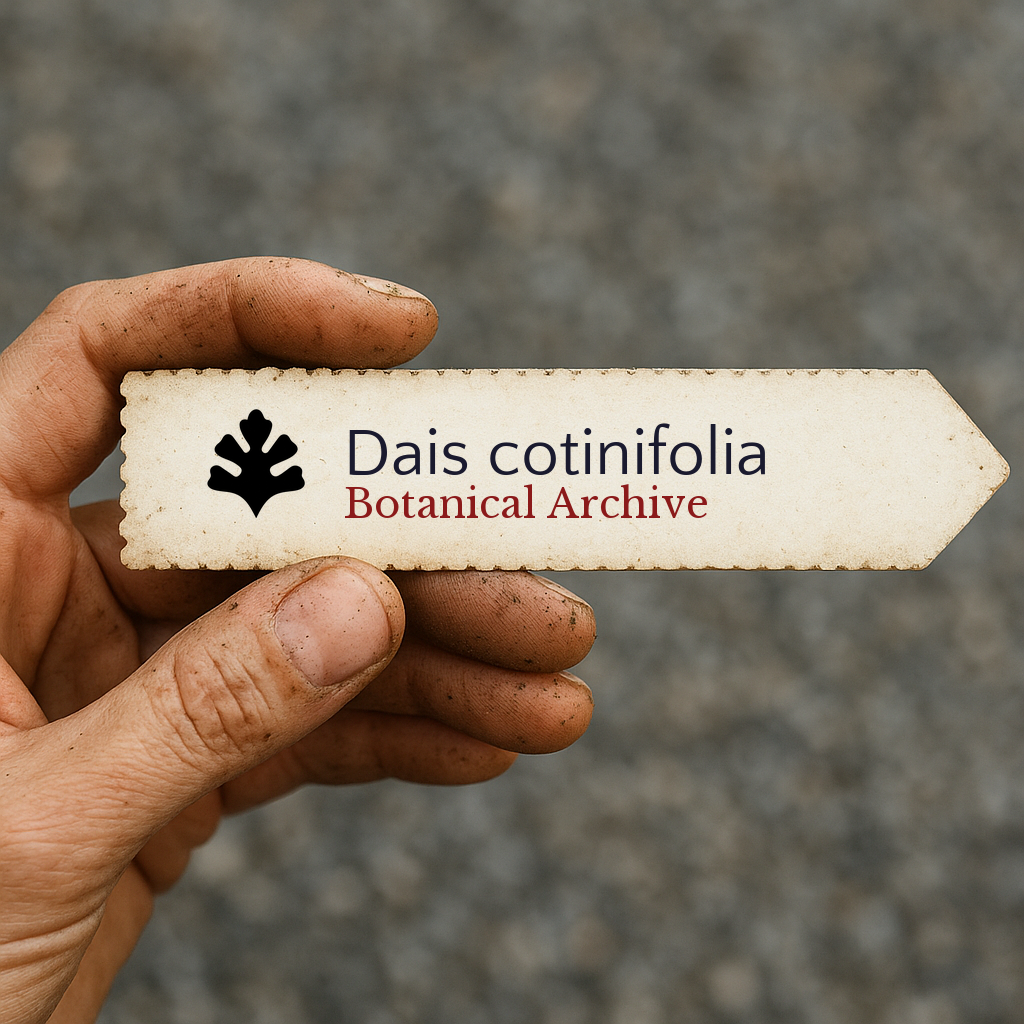Etichetta per pianta stampata per Dais cotinifolia con il logo di Botanical Archive tenuta a mano