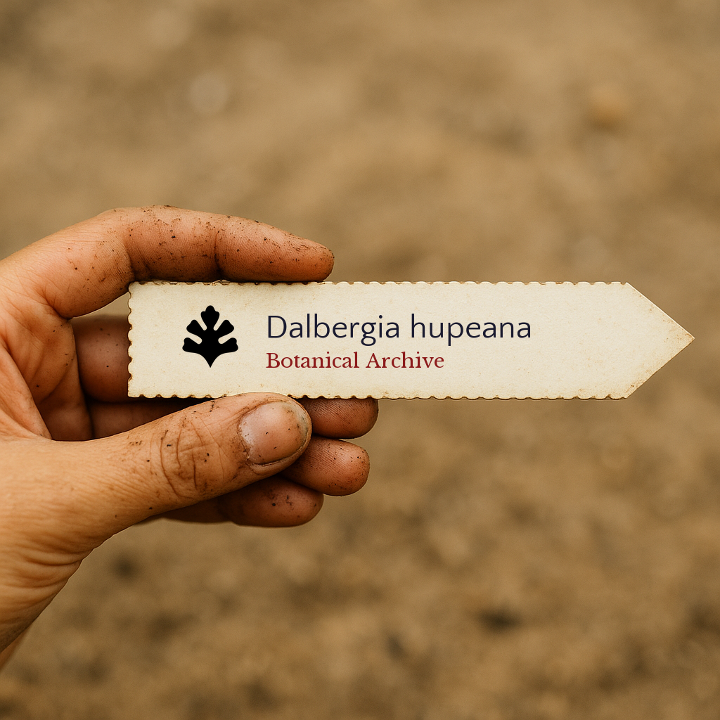 Printed plant label for Dalbergia hupeana held by dirty hand over soil background