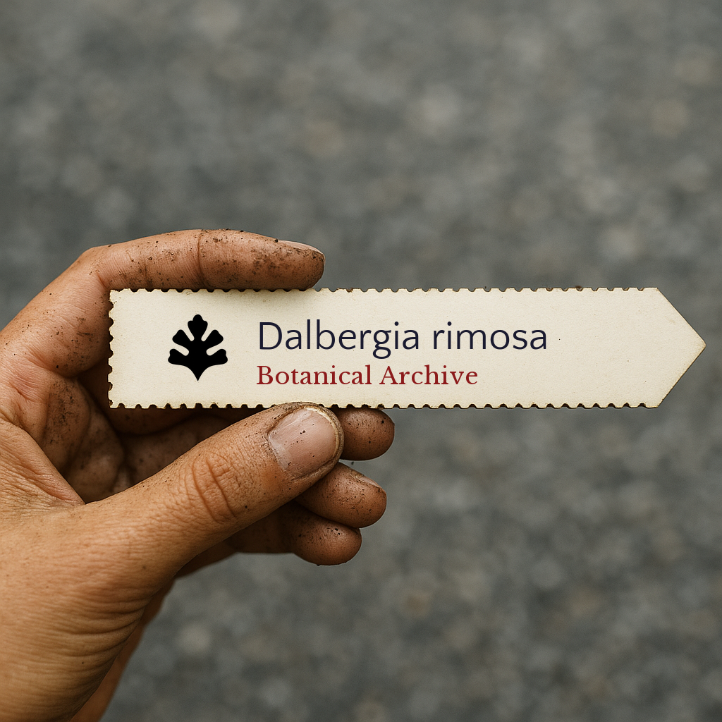 Printed plant label for Dalbergia rimosa held by dirty hand outdoors