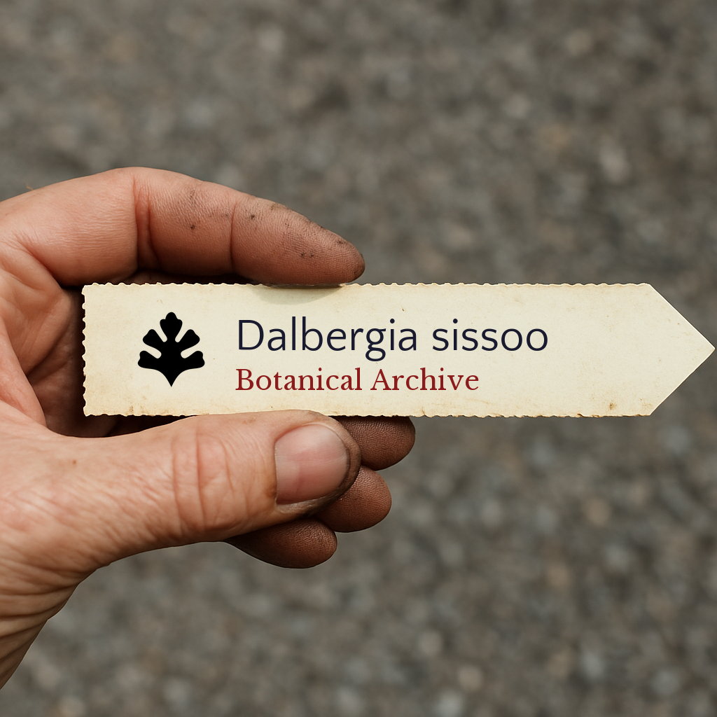 Printed plant label for Dalbergia sissoo held by hand with dirt on fingers