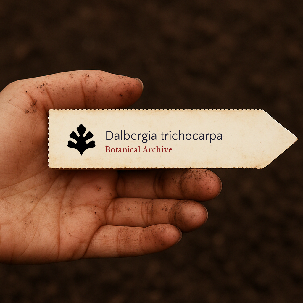 Printed plant label for Dalbergia trichocarpa held in dirty hand over soil background