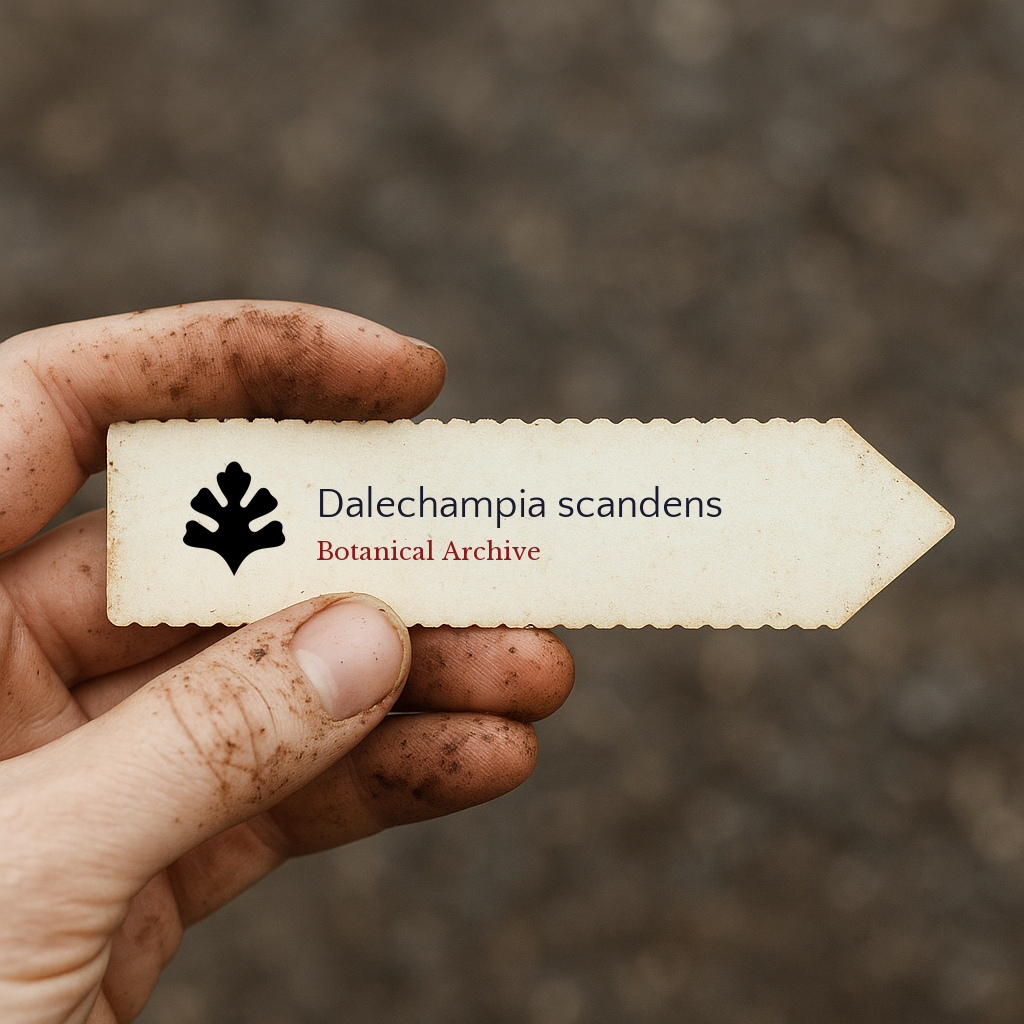 Etichetta vintage portatile per piante botaniche Dalechampia scandens con dita macchiate di terra