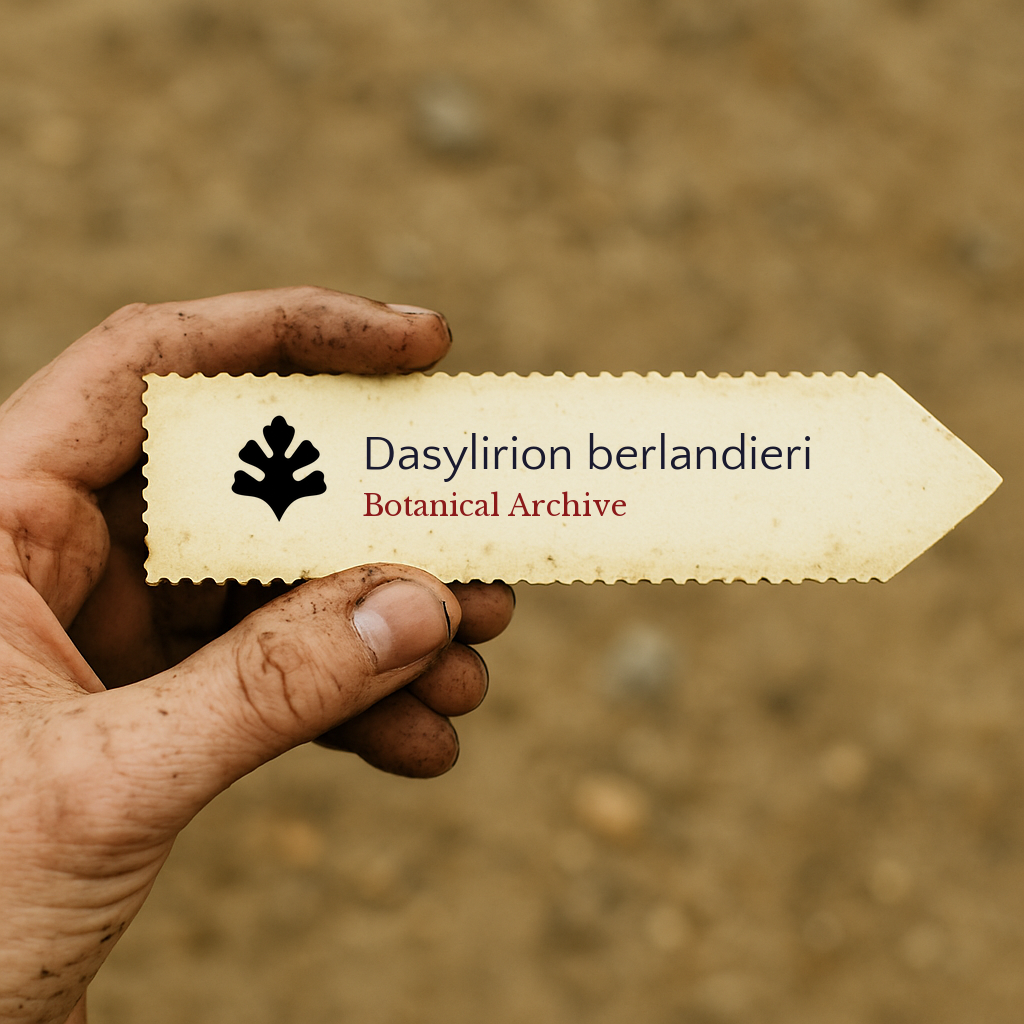 Printed plant label for Dasylirion berlandieri held by a dirty hand outdoors