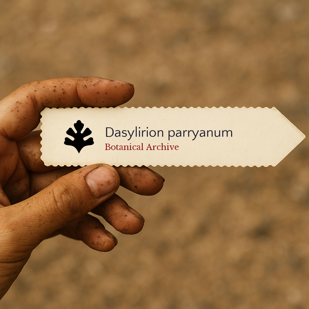 Printed plant label for Dasylirion parryanum held by a dirt-covered hand against blurred background