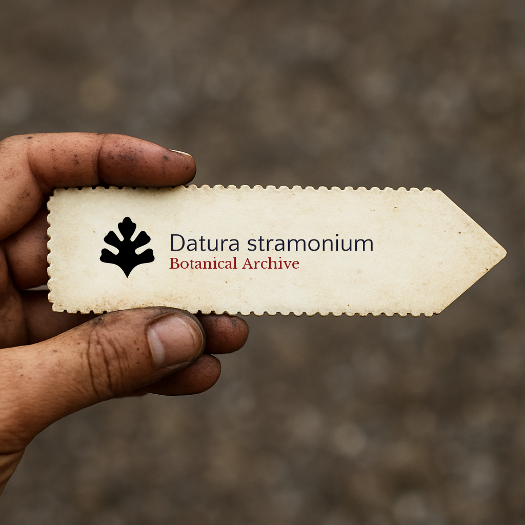 Printed plant label for Datura stramonium held by a hand with soil-stained fingers
