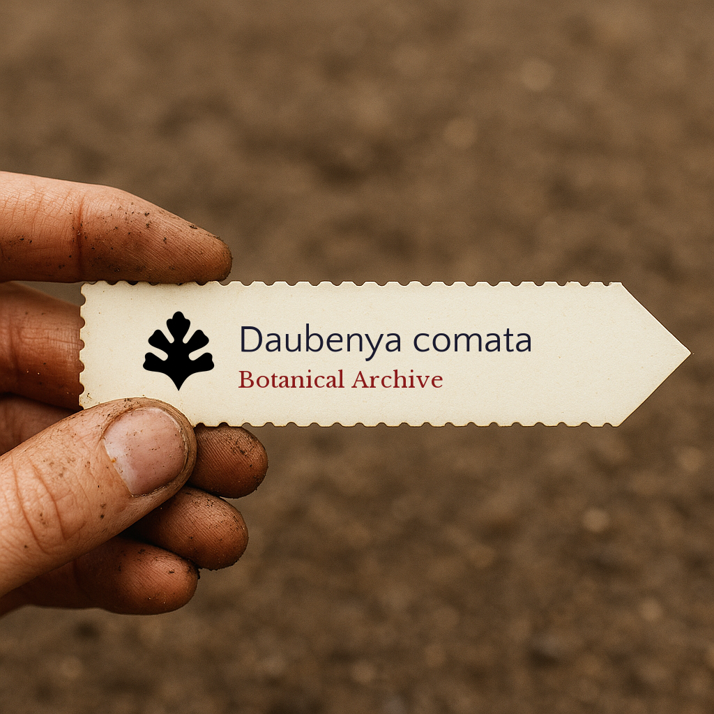 Etichetta per pianta stampata di Daubenya comata tenuta sopra il terreno con dita sporche