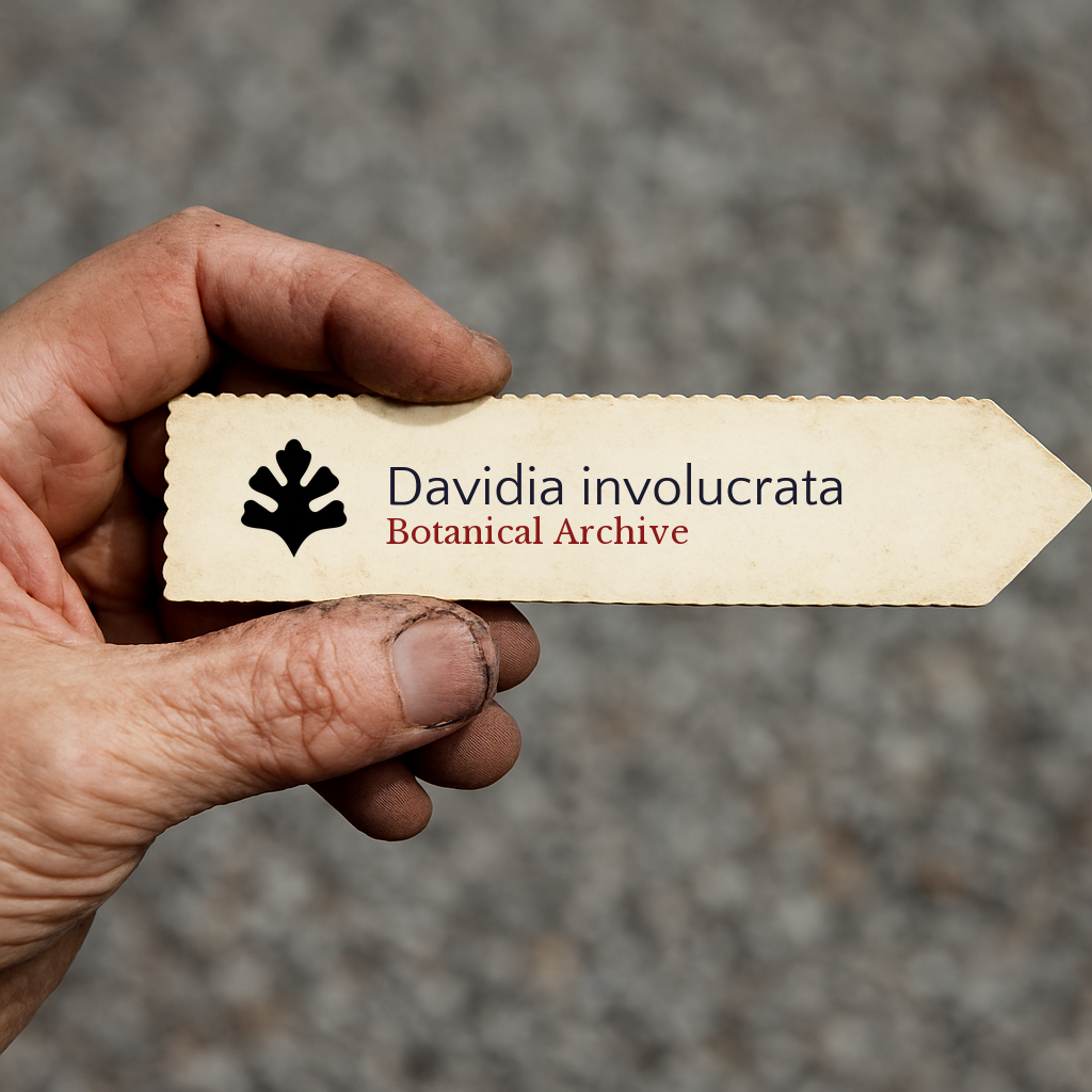 Etichetta stampata per piante di Davidia involucrata Botanical Archive tenuta a mano
