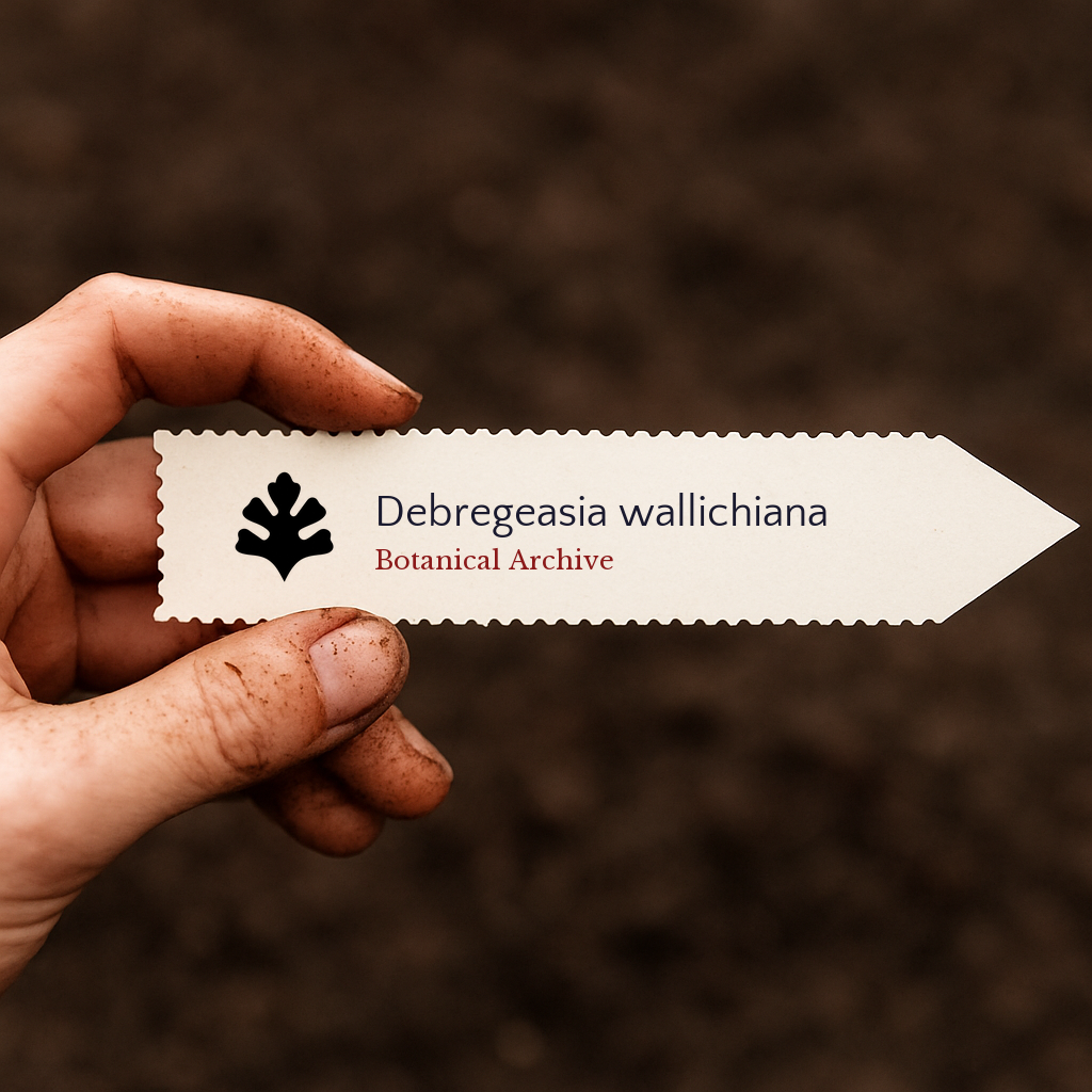 Printed plant label for Debregeasia wallichiana held by dirty hand over soil background