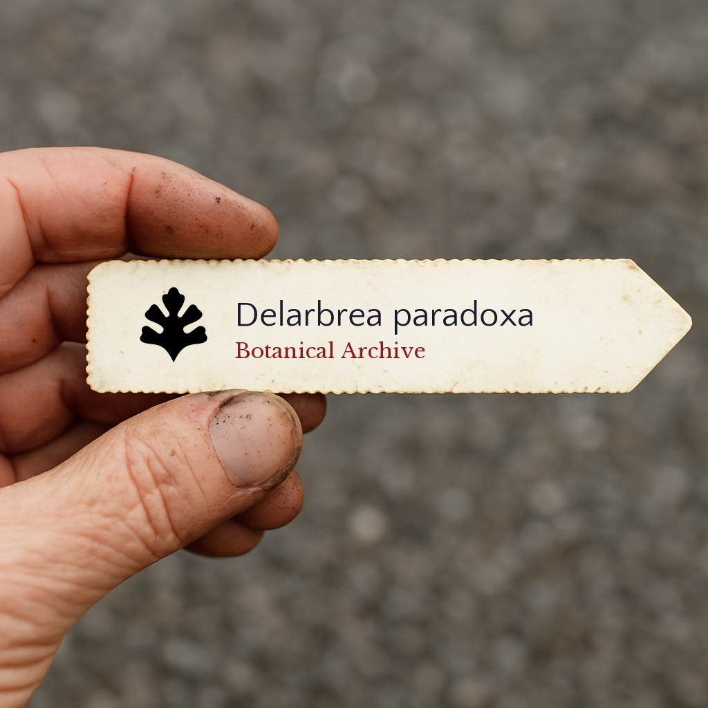 Printed plant label for Delarbrea paradoxa held by hand with dirt on fingers