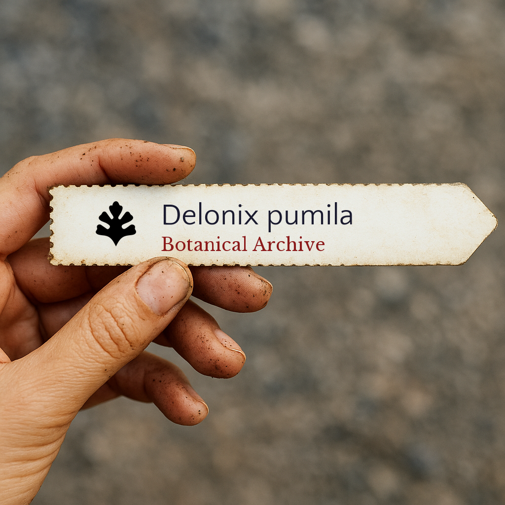 Printed plant label for Delonix pumila held by hand with dirt on fingers