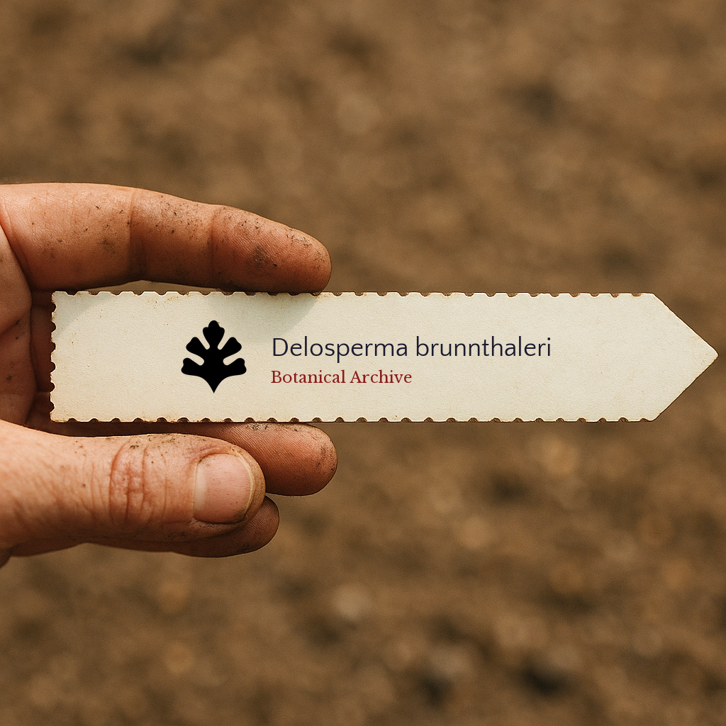 Printed plant label for Delosperma brunnthaleri with botanical archive logo held outdoors