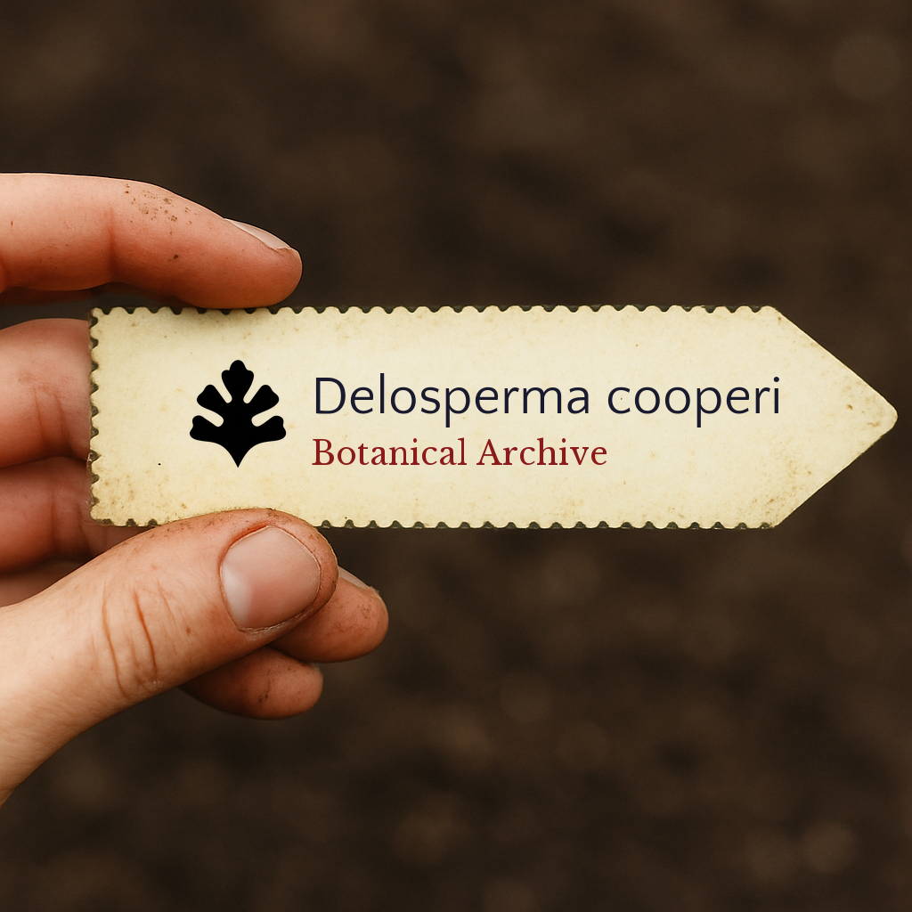 Handheld vintage botanical label for Delosperma cooperi with decorative edge design