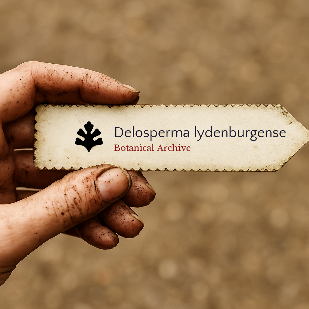 Printed plant label for Delosperma lydenburgense held by dirty hand outdoors