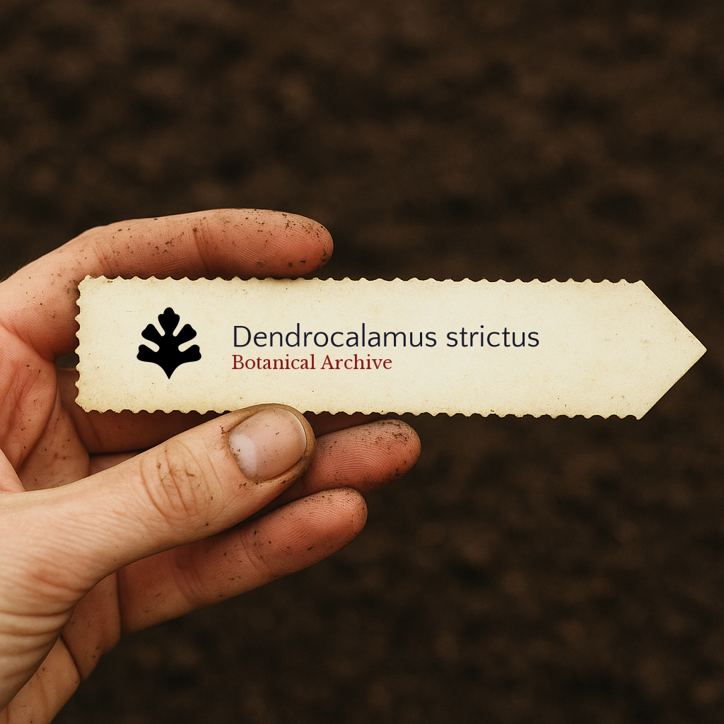 Printed plant label for Dendrocalamus strictus held by dirty hand over soil background
