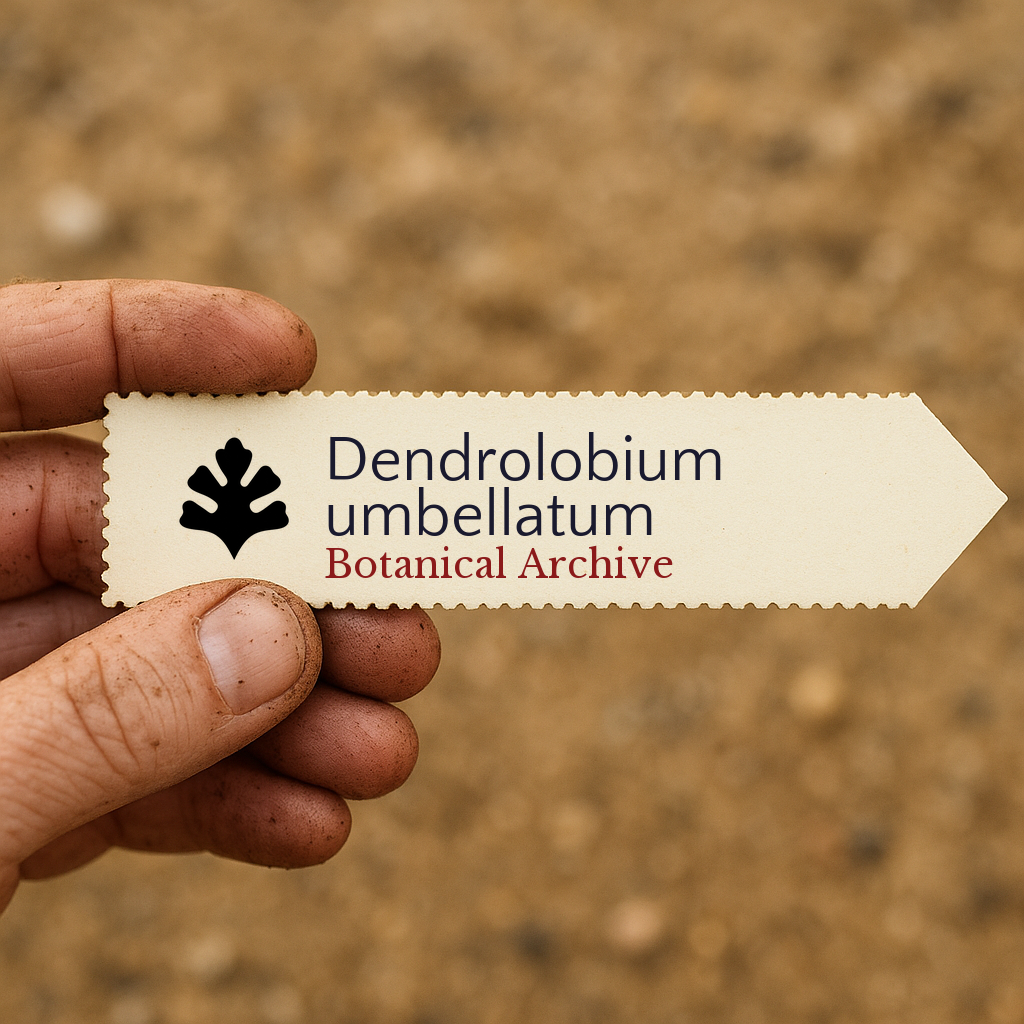 Printed plant label for Dendrolobium umbellatum held by dirty hand outdoors