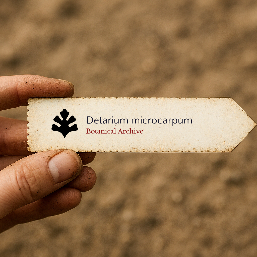 Printed plant label for Detarium microcarpum held by hand with soil background