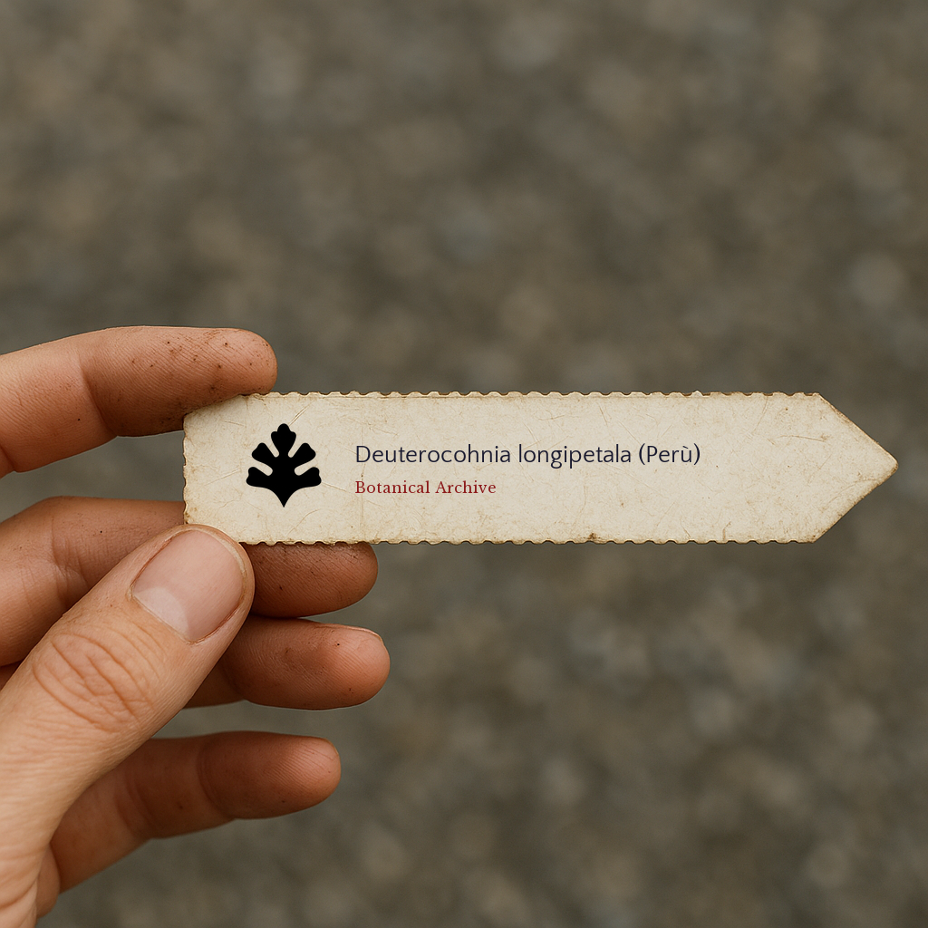 Printed plant label for Deuterocohnia longipetala held by hand with dirt background