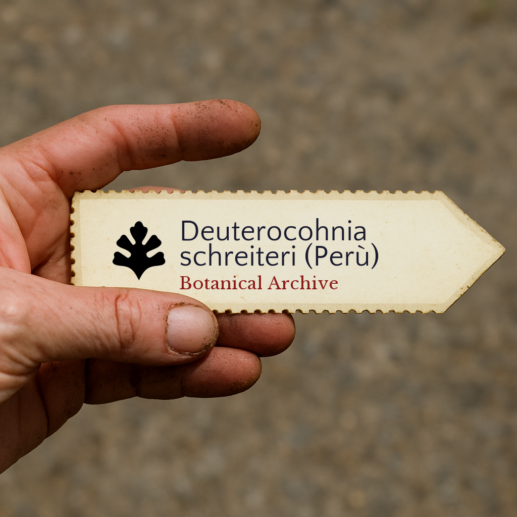 Printed plant label for Deuterocohnia schreiteri held by hand with dirt background