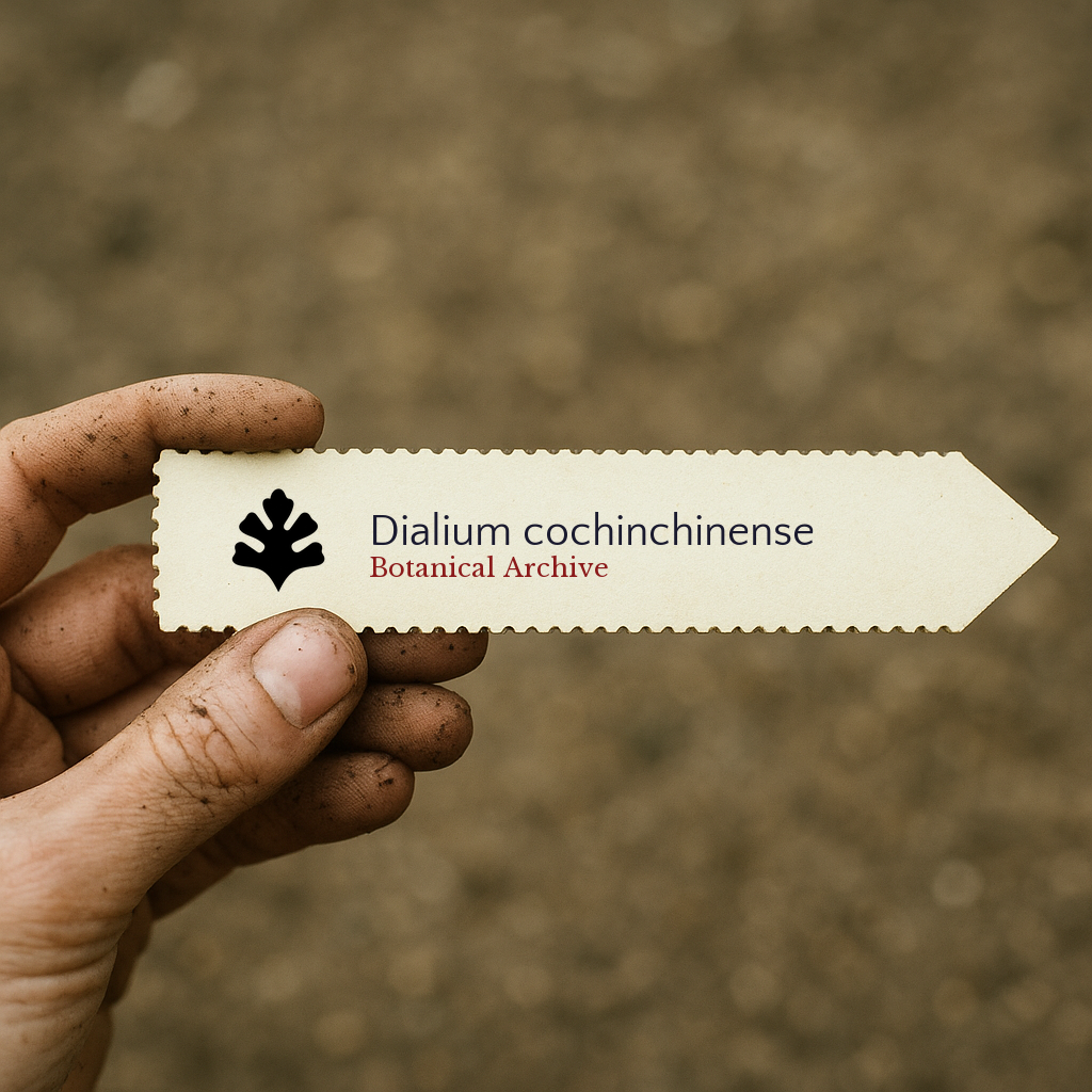 Printed plant label for Dialium cochinchinense held by a dirty hand outdoors