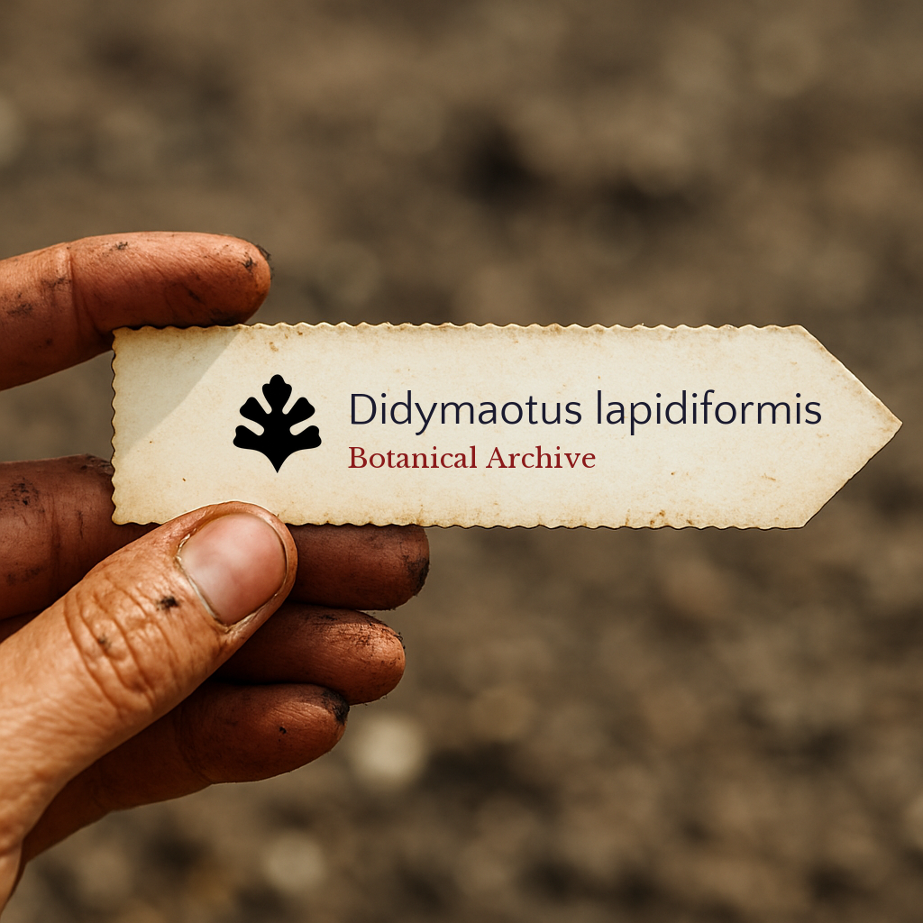 Etichetta della pianta stampata per Didymaotus lapidiformis tenuta da una mano sporca con sfondo di terreno