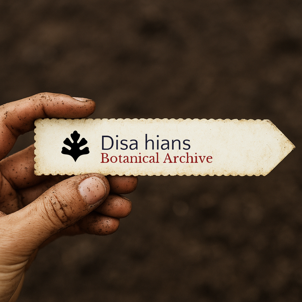 Handheld vintage-style plant label for Disa hians with soil background