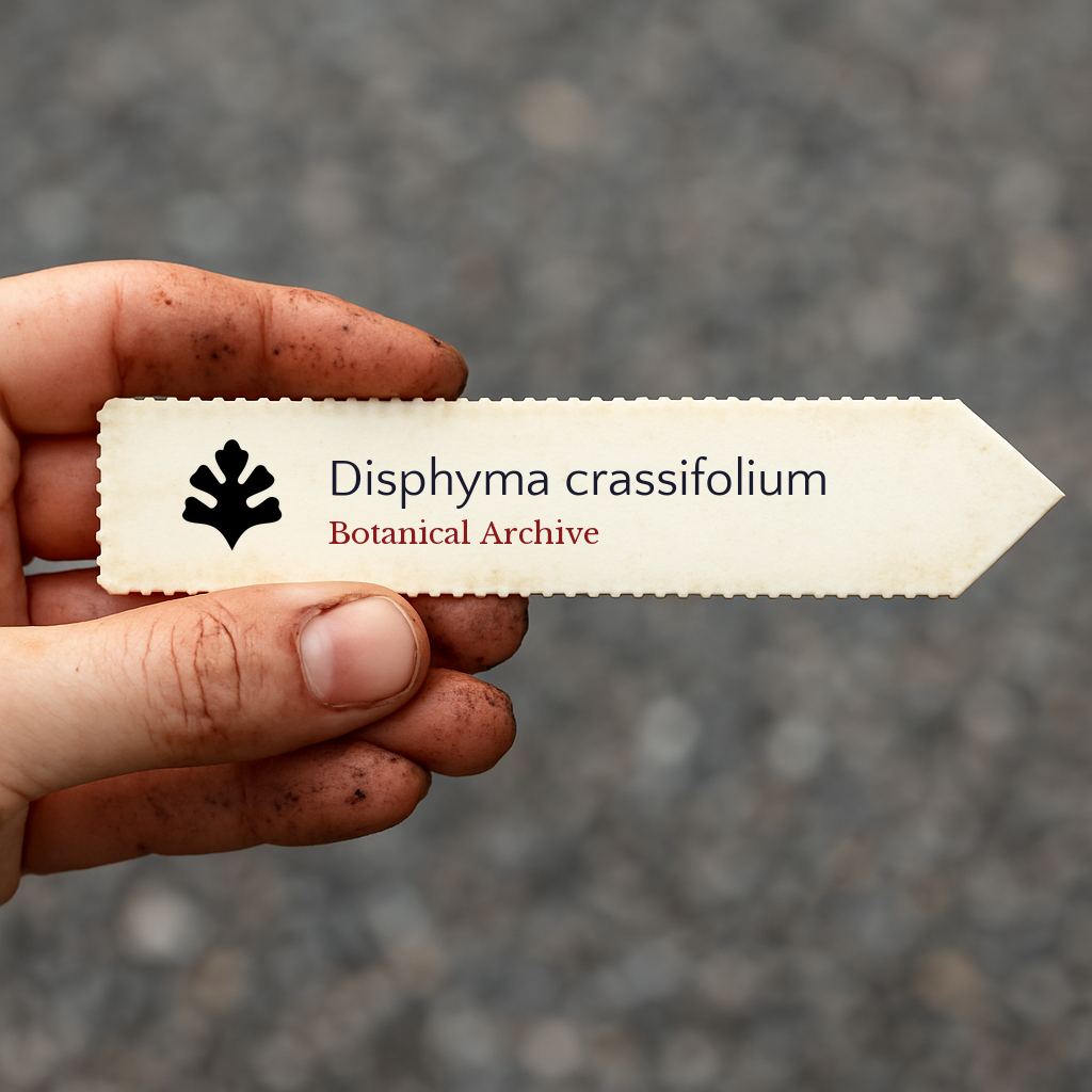 Printed plant label for Disphyma crassifolium held by a hand with soil-stained fingers