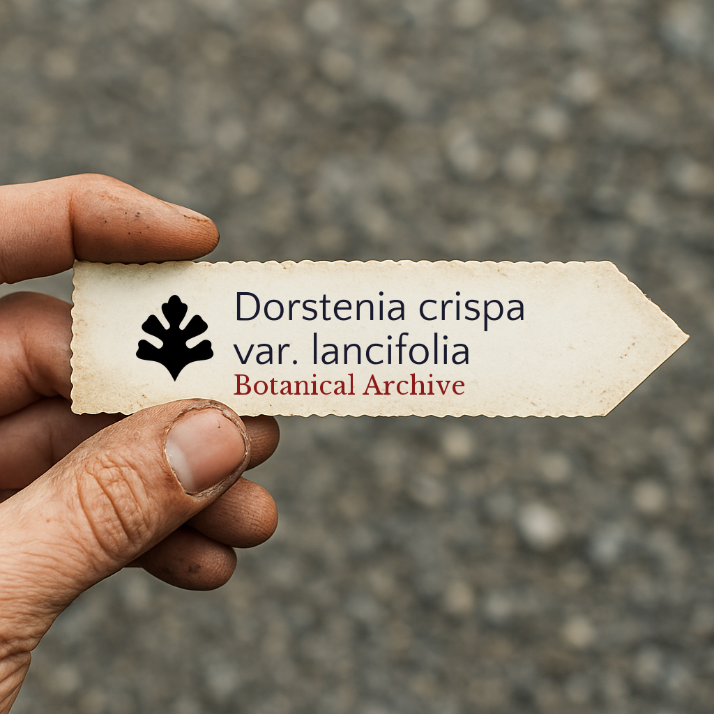 Printed plant label for Dorstenia crispa var. lancifolia held by hand outdoors