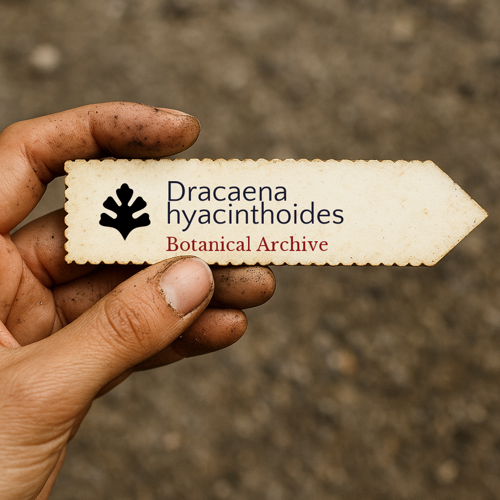 Printed plant label for Dracaena hyacinthoides held by dirty hand outdoors