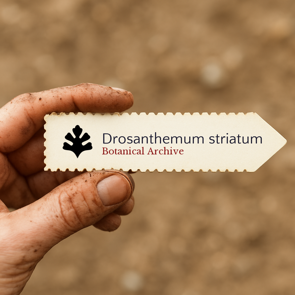 Etichetta vegetale stampata per Drosanthemum striatum tenuta da una mano sporca su sfondo di terreno