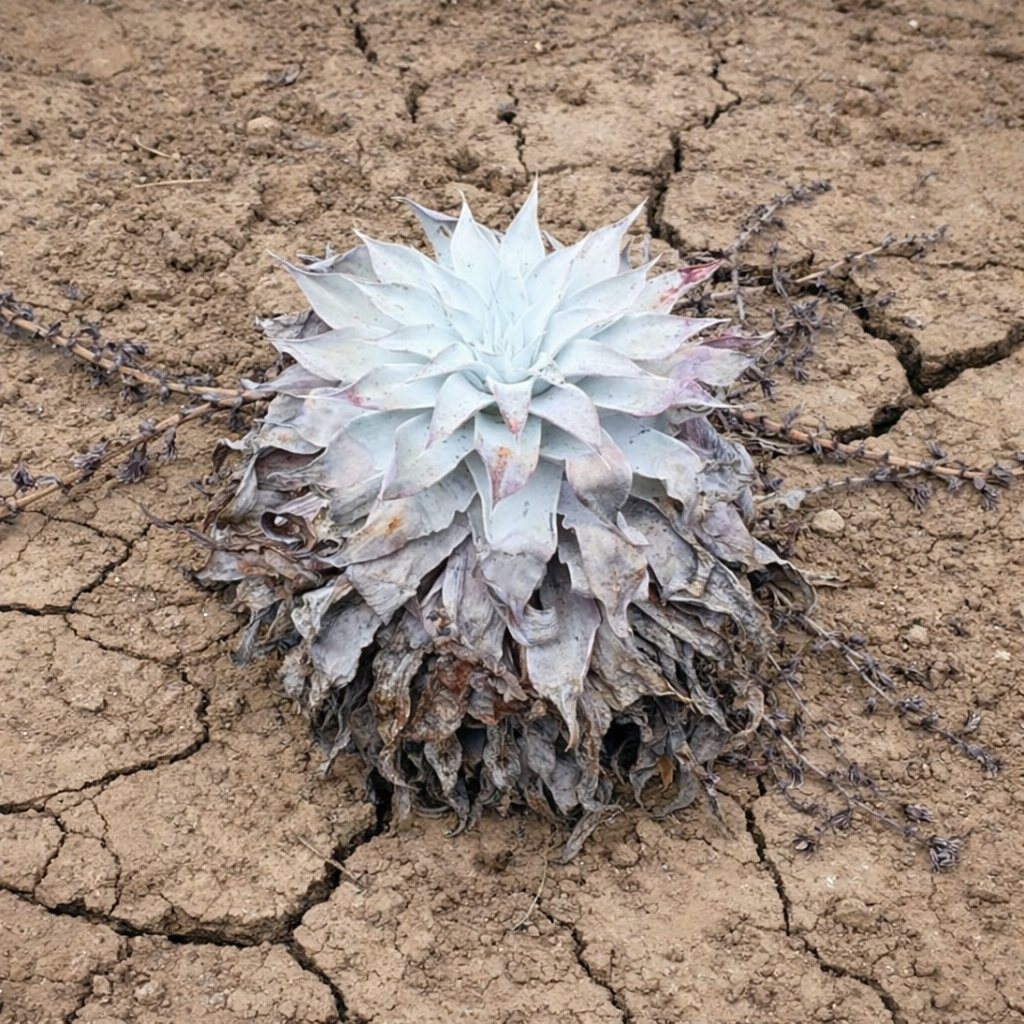 Rosetta succulenta di Dudleya pulverulenta con foglie bianche polverose su terreno asciutto screpolato