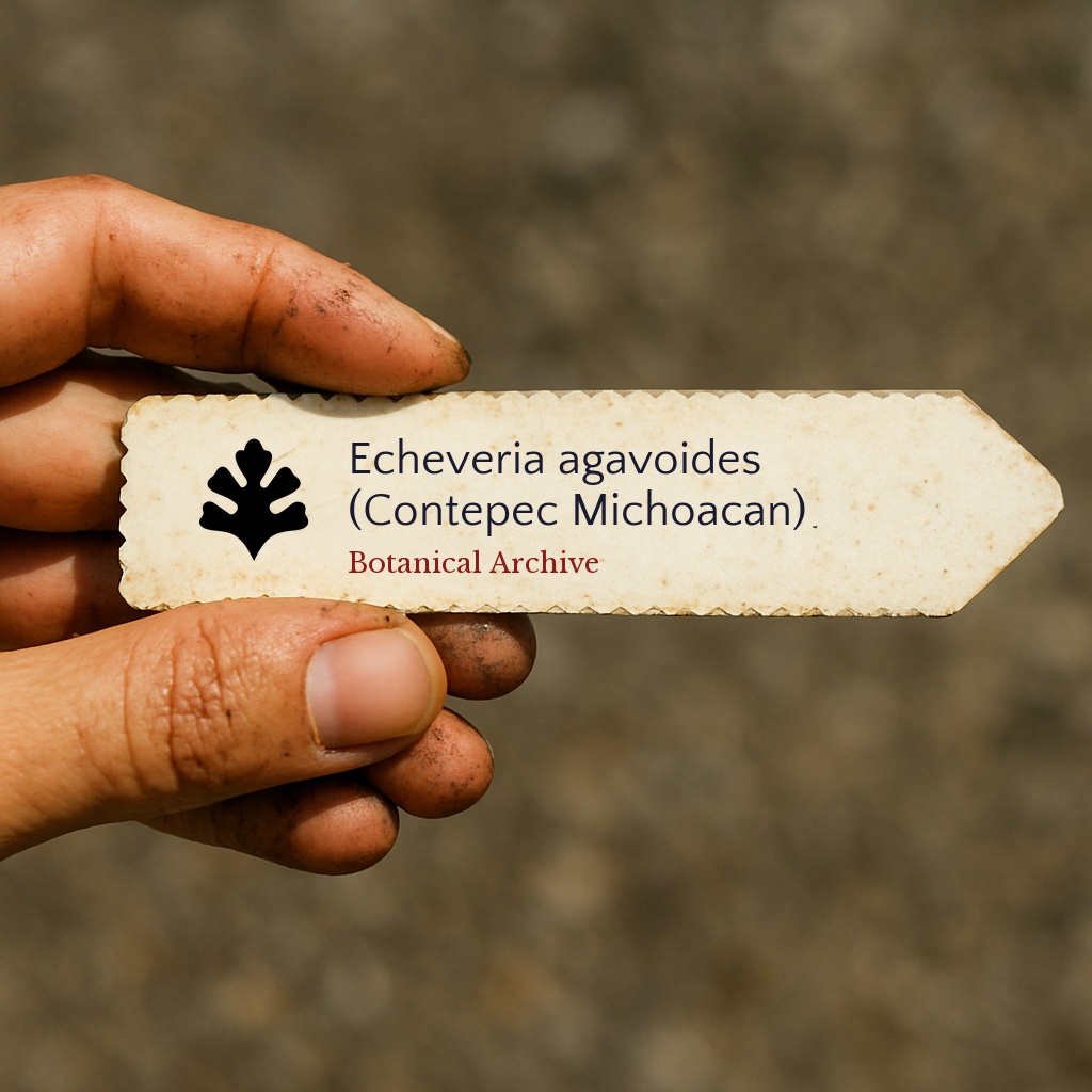 Printed plant label for Echeveria agavoides Contepec Michoacan held by dirty hand