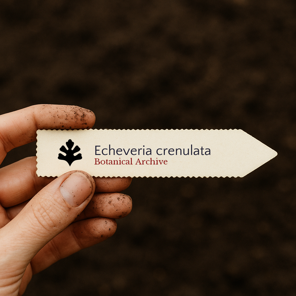 Printed plant label for Echeveria crenulata held by hand with soil background