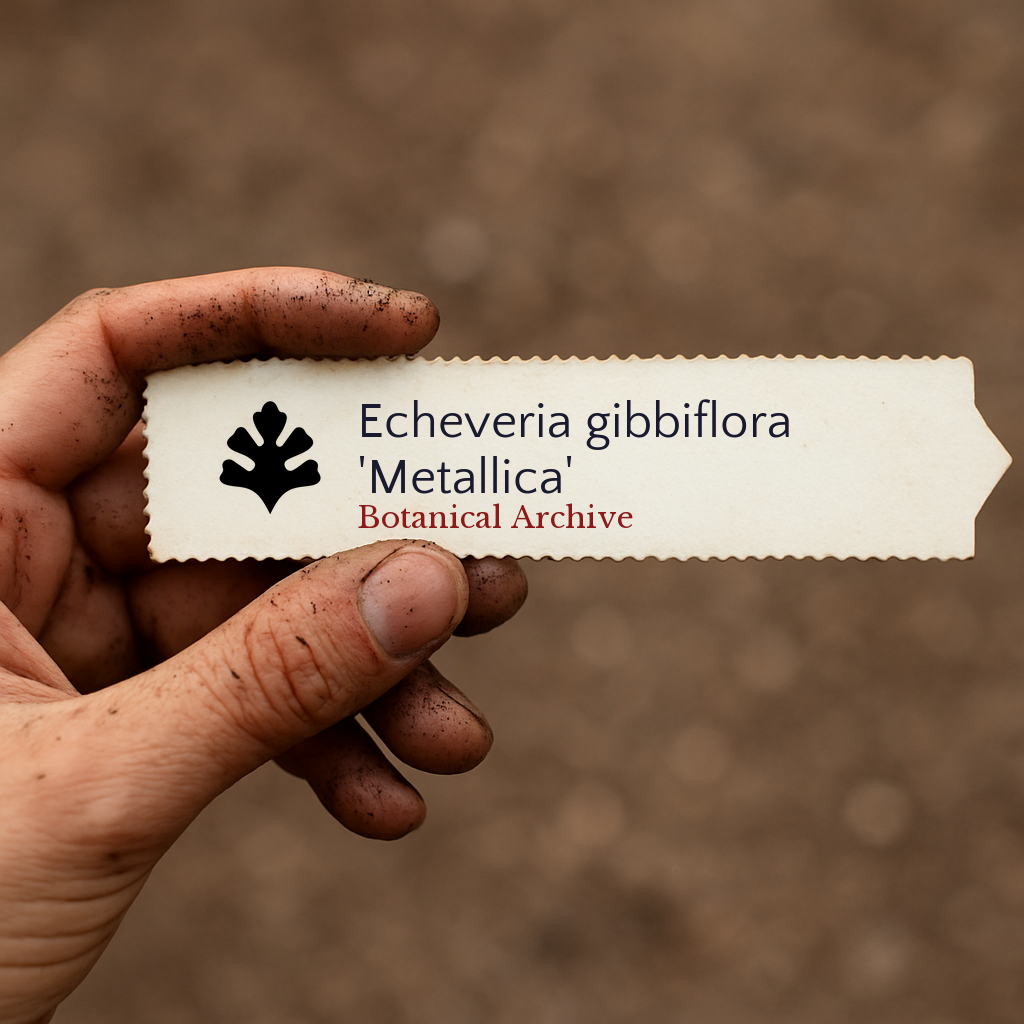 Etichetta per pianta stampata per Echeveria gibbiflora 'Metallica' tenuta da mano sporca all'aperto
