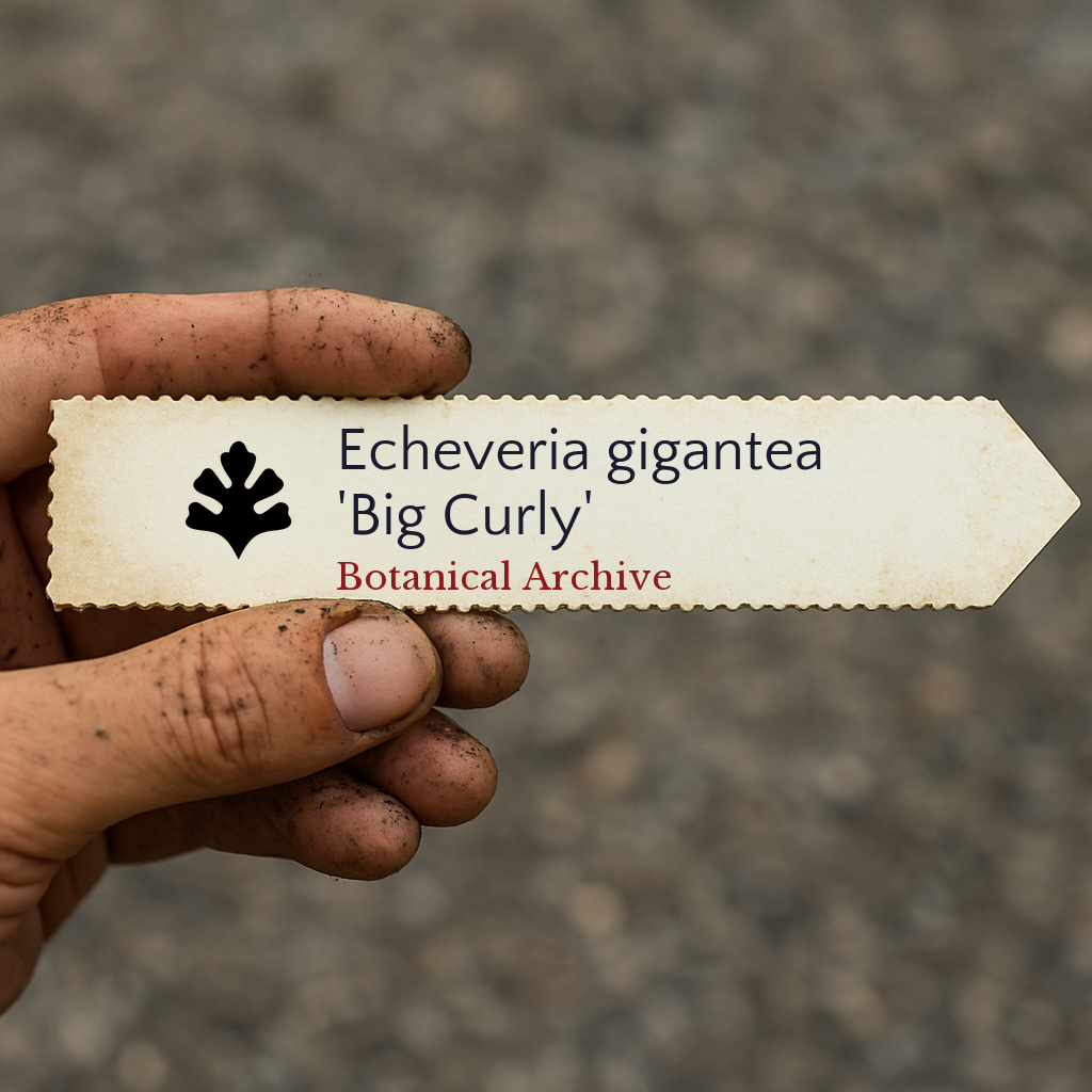 Printed plant label for Echeveria gigantea 'Big Curly' held by dirty hand outdoors