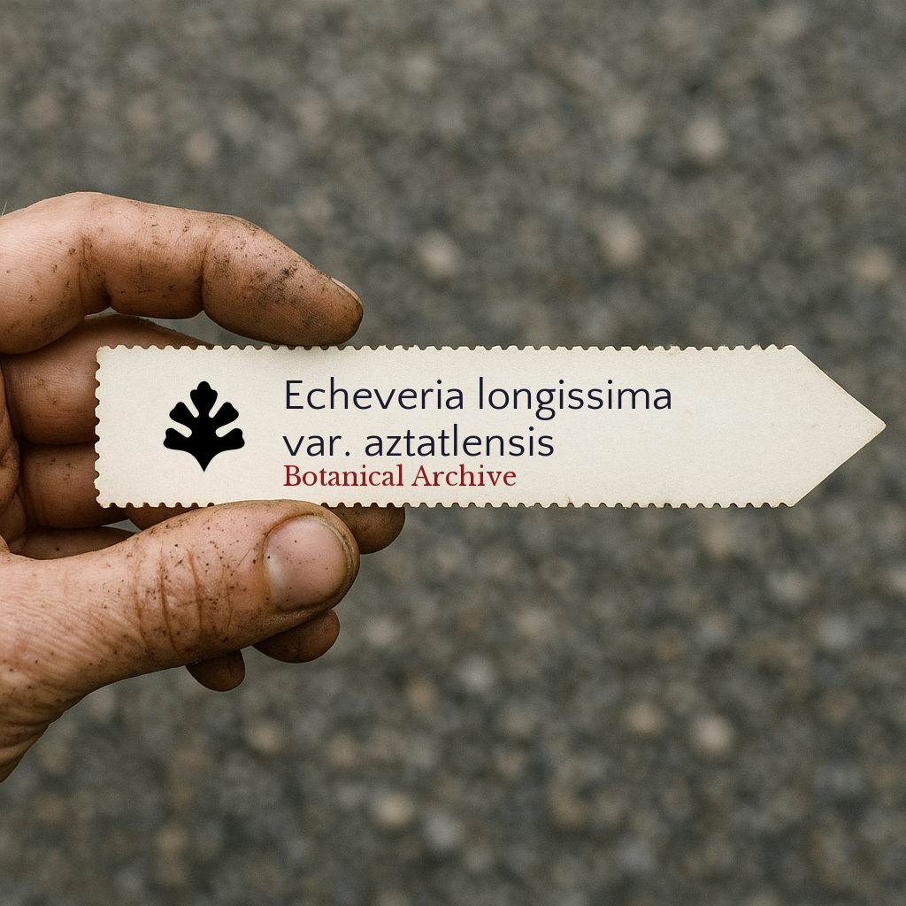 Printed plant label for Echeveria longissima var. aztatlensis held by dirty hand