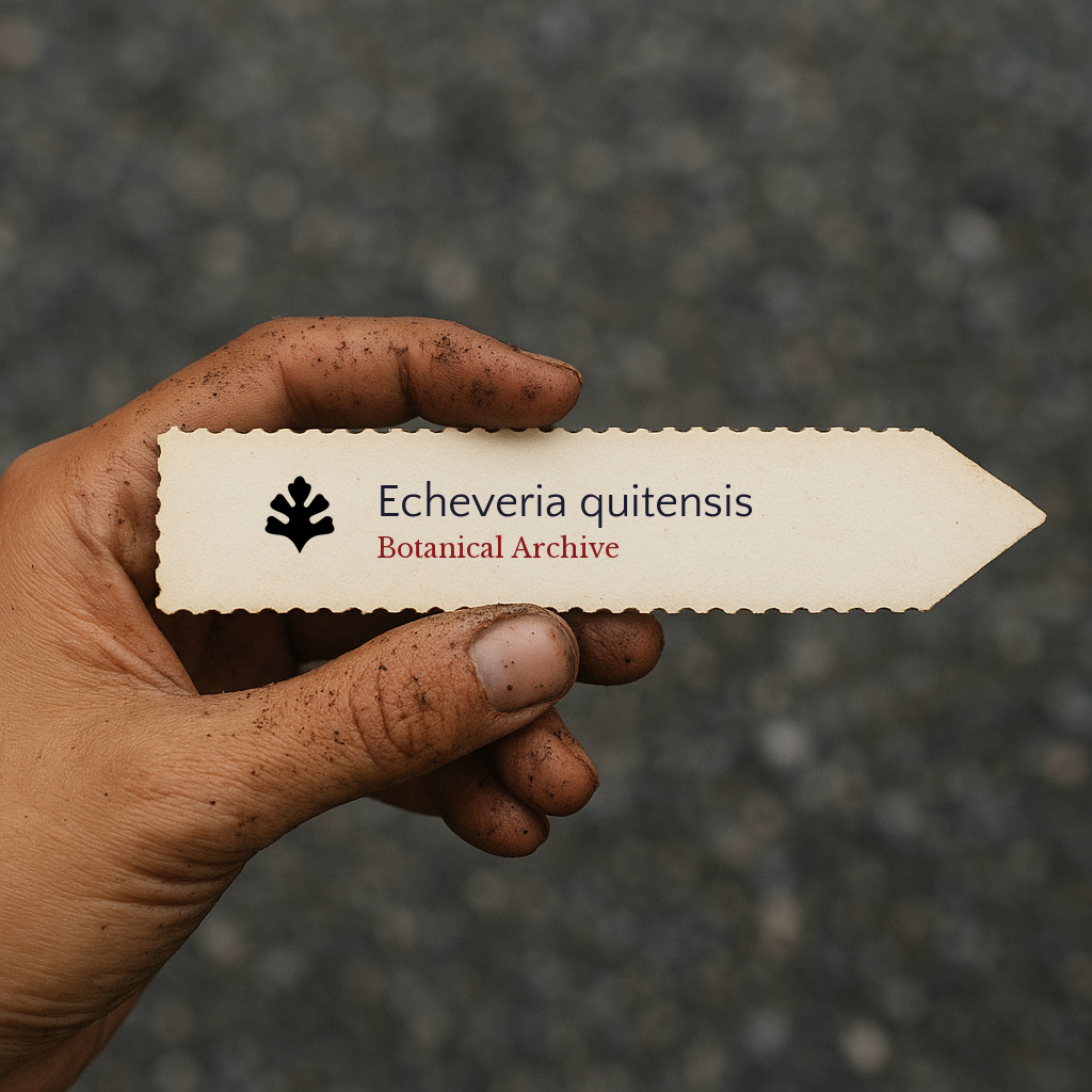 Etichetta per pianta stampata di Echeveria quitensis tenuta da una mano sporca all'aperto