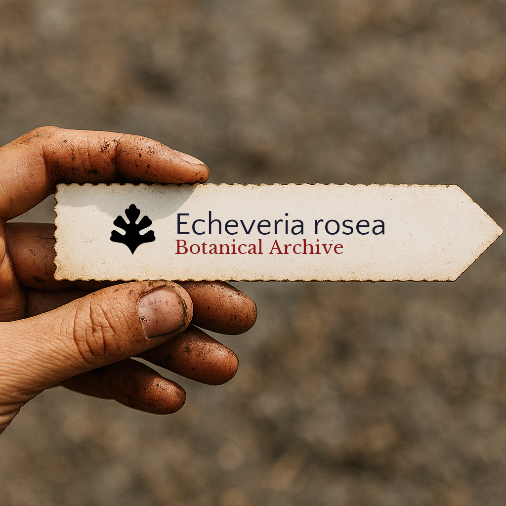 Printed plant label for Echeveria rosea held by dirty hand outdoors