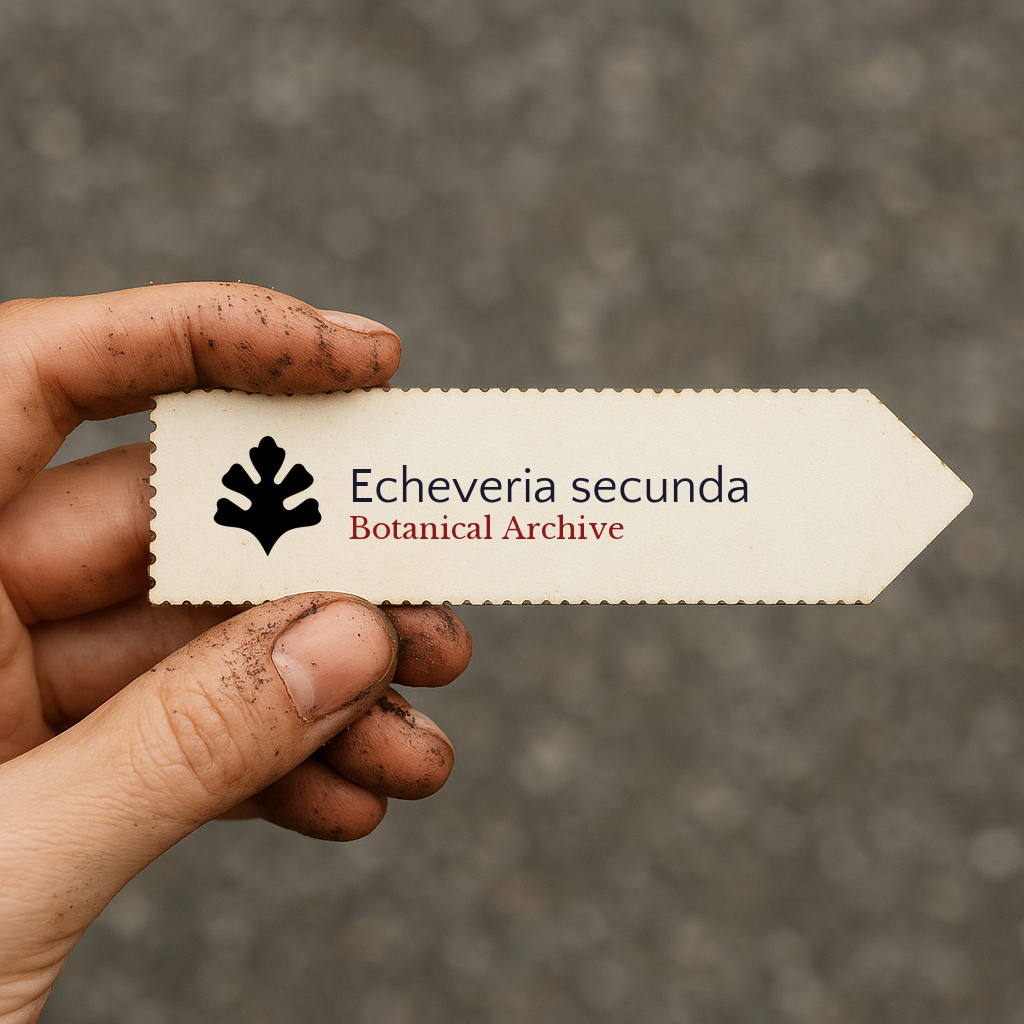 Printed plant label for Echeveria secunda held by dirty hand outdoors