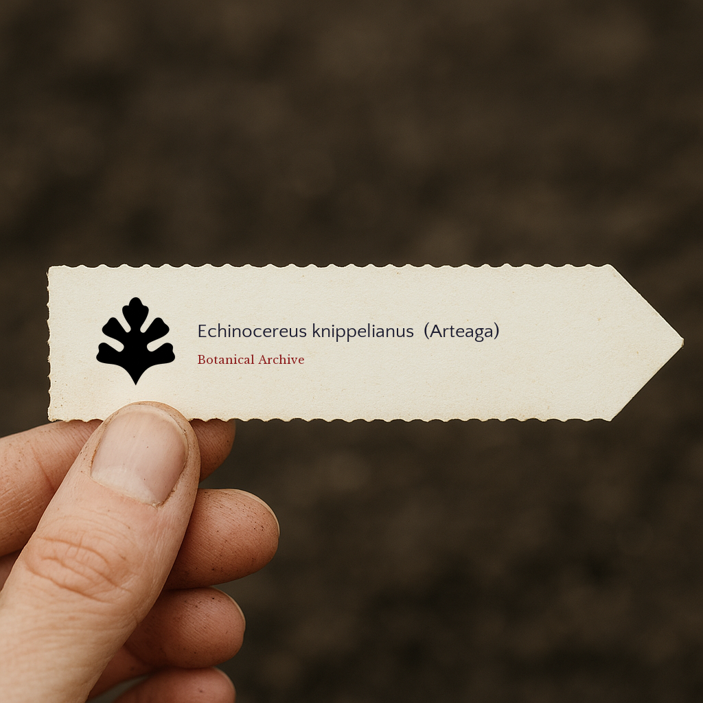 Printed plant label for Echinocereus knippelianus (Arteaga) held against soil background