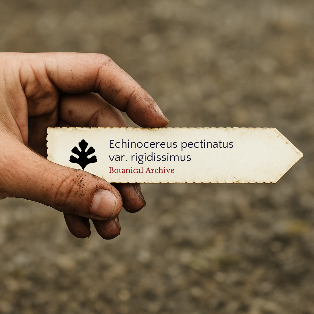 Printed plant label for Echinocereus pectinatus var. rigidissimus held by dirty hand outdoors