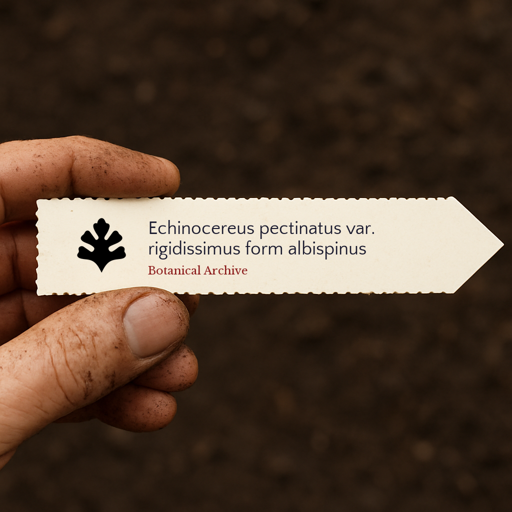 Printed plant label for Echinocereus pectinatus var. rigidissimus form albispinus held by dirty hand