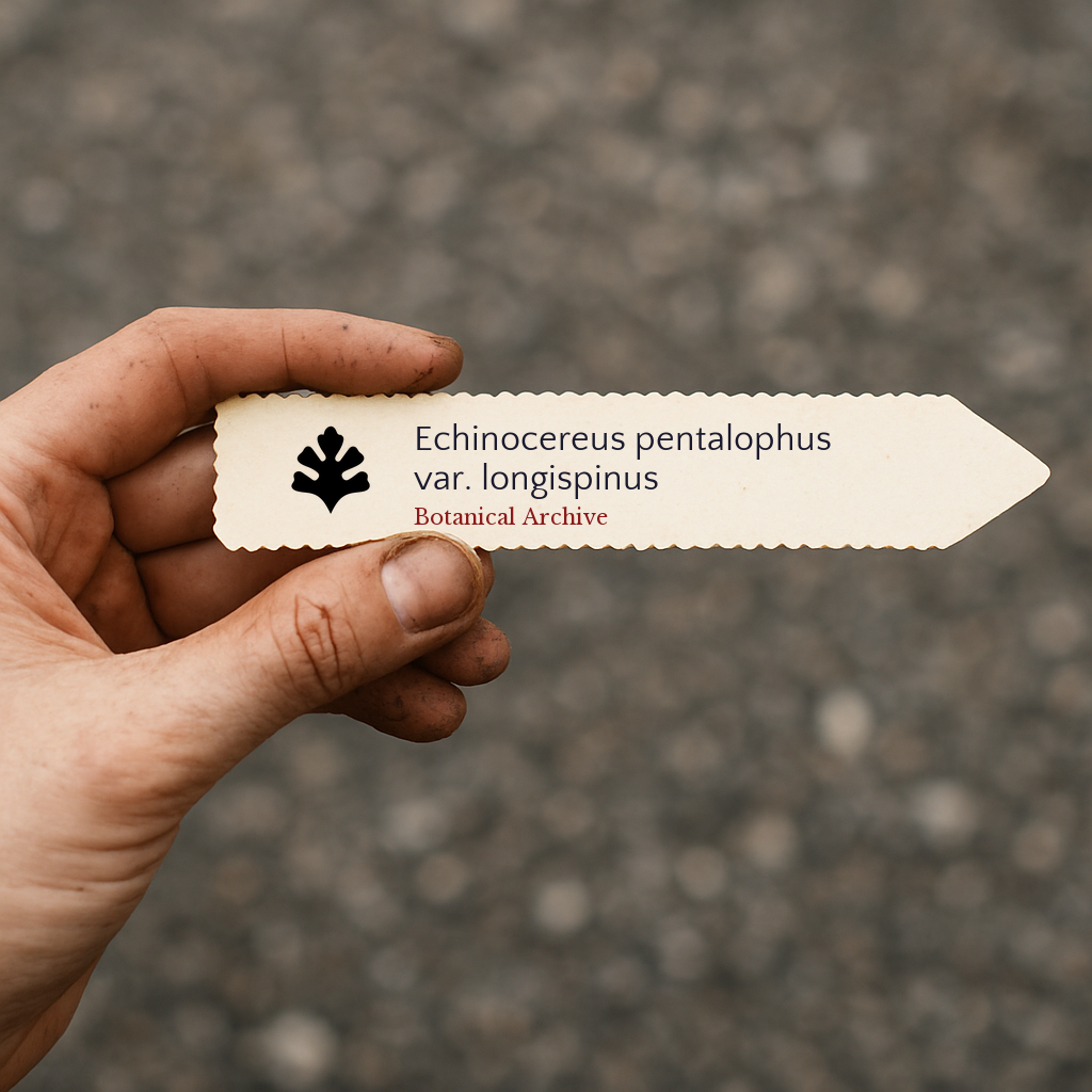 Printed plant label for Echinocereus pentalophus var. longispinus held in hand