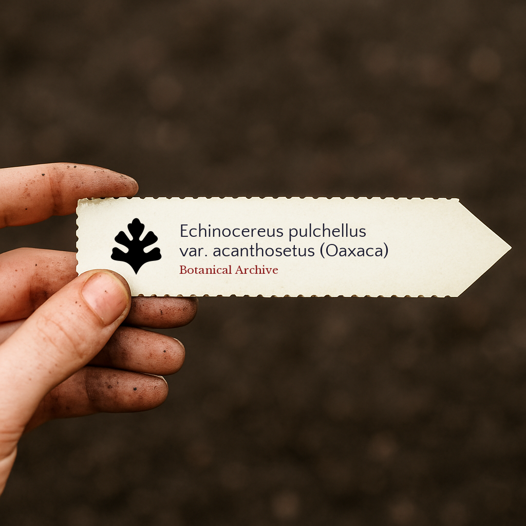 Printed plant label for Echinocereus pulchellus var. acanthosetus held over soil background