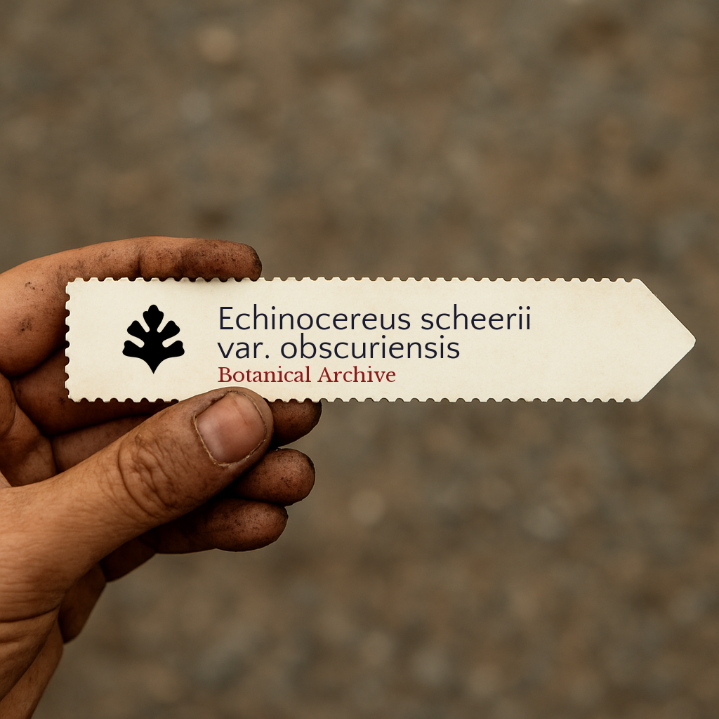 Printed plant label for Echinocereus scheerii var. obscuriensis held by dirty hand