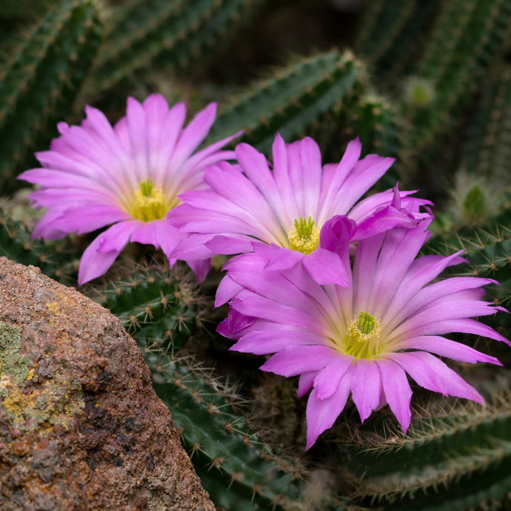 Echinocereus cinerascens cactus with vibrant pink flowers and spiny green stems near rock