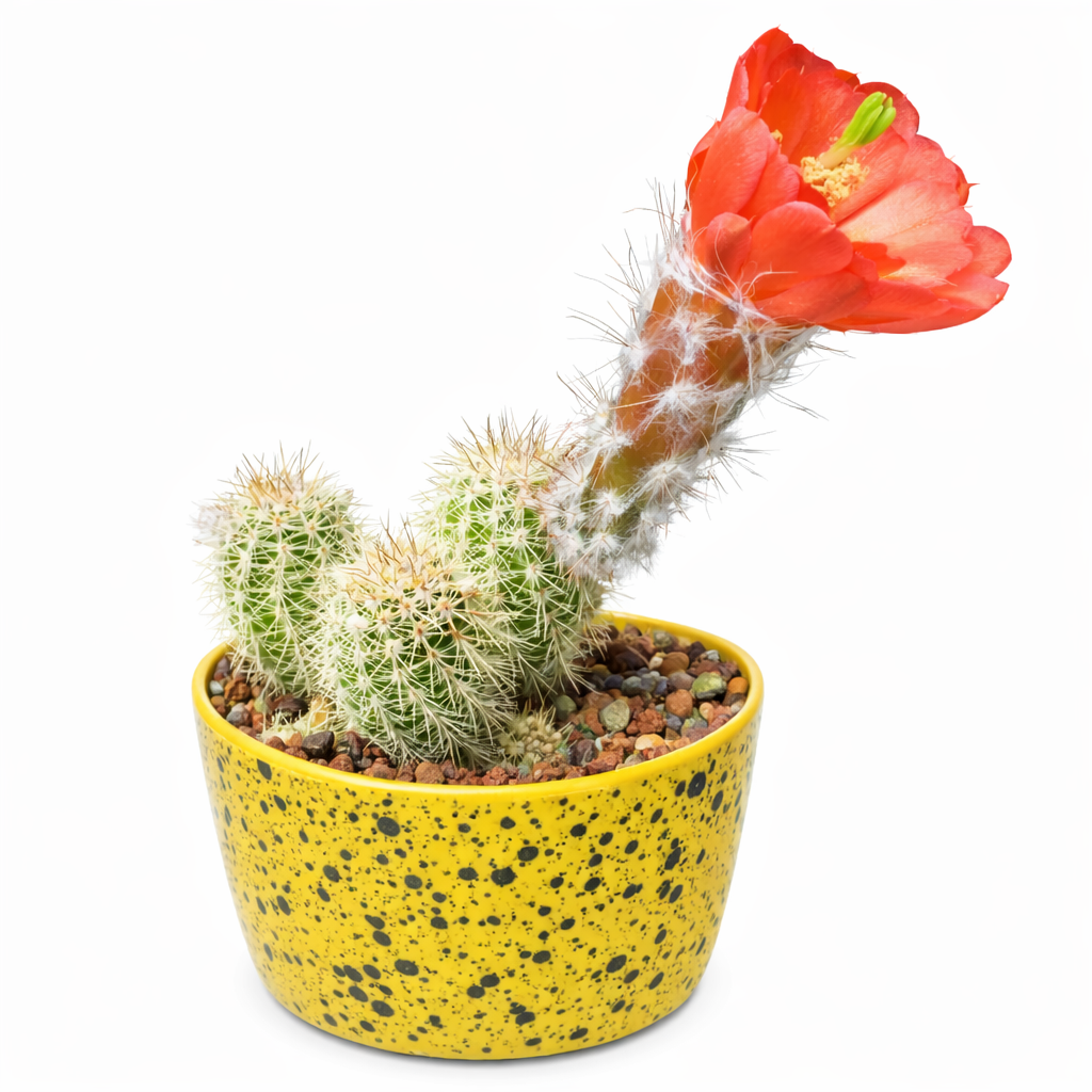 Echinocereus koehresianus small spiny cactus with bright orange flower in yellow speckled pot