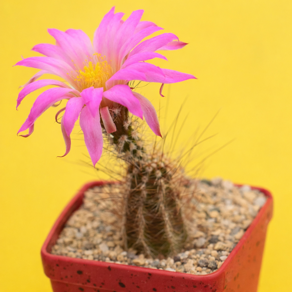 Echinocereus palmeri cactus with vibrant pink flower and spiny stem in red pot