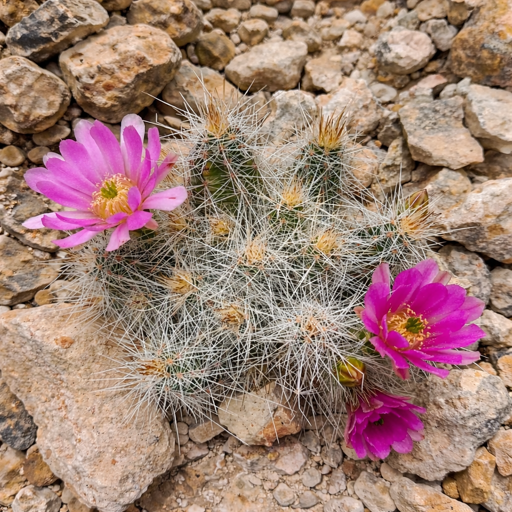 Echinocereus parkeri small cactus with dense white spines and bright pink flowers on rocky soil